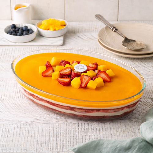 mango trifle in Pyrex