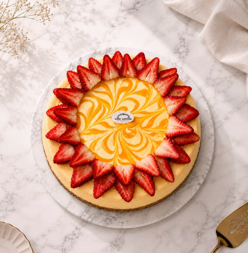 Mango cheesecake decorated with strawberries