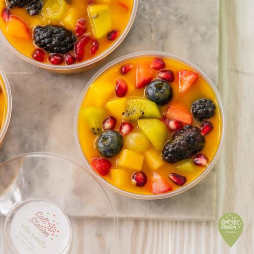 Yellow Fruits salad - Fruit Salad 
 Grapes - Raspberry - Blueberry - Blackberry - Mango - Strawberry - Watermelon - Kiwi - Pomegranate 
 With Mango and Portugal Juice