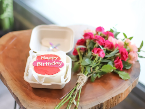 Pink Happy Birthday Cake With Small Bunch Of Roses - Lunch Box Bento Cake Size 4 Inches, Serve 2 with Spoon and Candle