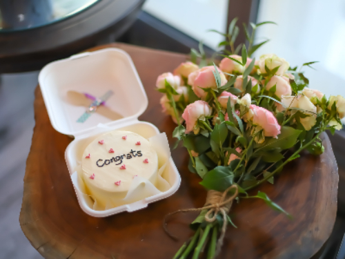 Congrats Pink Heart Cake With Small Bunch Of Roses - Lunch Box Bento Cake Size 4 Inches, Serve 2 with Spoon and Candle