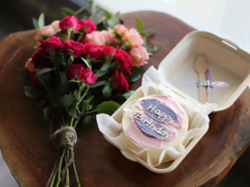 Purple Happy Birthday Cake With Small Bunch Of Roses - Lunch Box Bento Cake Size 4 Inches, Serve 2 with Spoon and Candle