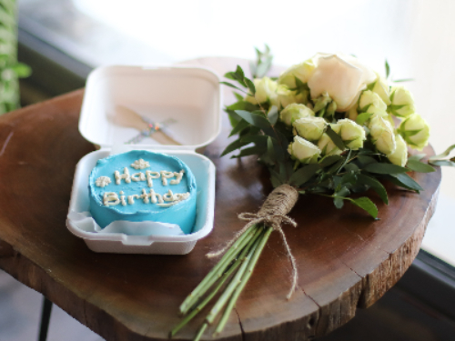 Blue Happy Birthday Cake With Small Bunch Of Roses - Lunch Box Bento Cake Size 4 Inches, Serve 2 with Spoon and Candle