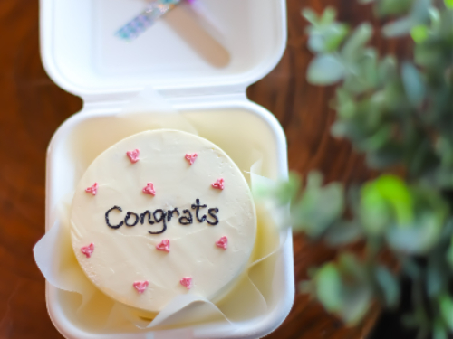 Congrats Heart Pink Cake - Lunch Box Bento Cake Size 4 Inches, Serve 2, Spoon and Candle