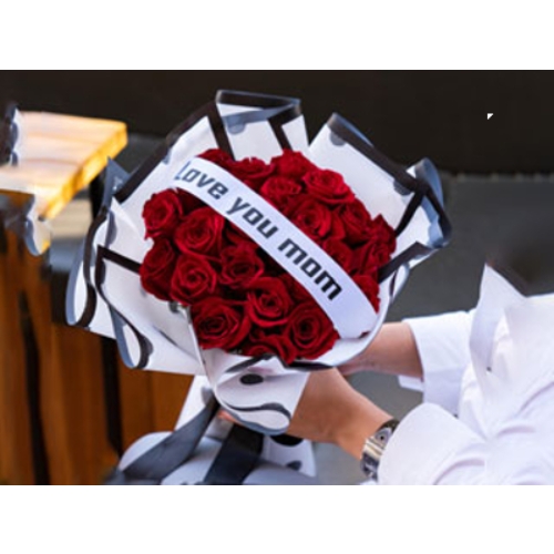 Mother Day Bouquet Red Roses With Printed Ribbon Black Dot White Wrapping