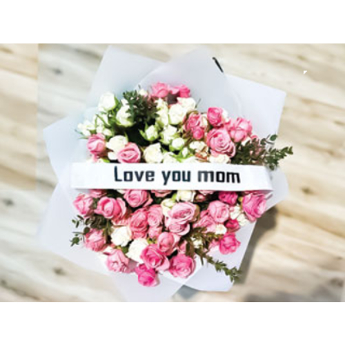 Love You Mom Printed Ribbon Bouquet Pink And White 003 - Love you mom printed ribbon bouquet pink and white 003