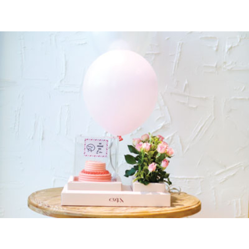 Pink Cake Jawa Cake Box - 2 layers cake with flowers and 2 balloons with customized card in elegant gift box with spoon and candle