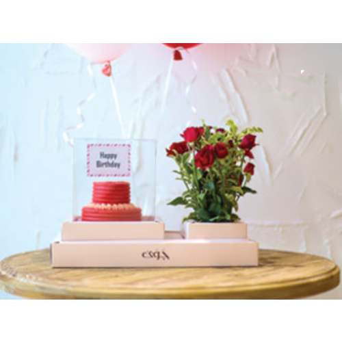 Red Cake Jawa Cake Box - 2 layers cake with flowers and 2 balloons with customized card in elegant gift box with spoon and candle