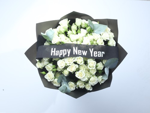 happy new year bouquet 1 - happy new year white Bouquet with Black  Wrapping