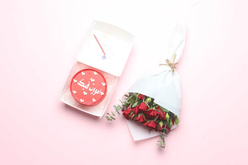 05 Valentine's Day Mini Cake With Small Bunch Of Roses - 4 inches bento cake lunch box, serves 2 with spoon and candle