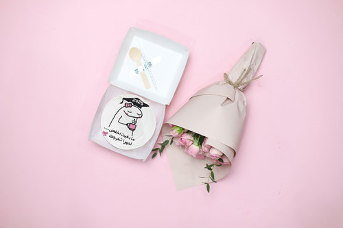 55 Graduation Mini Cake With Small Bunch Of Flowers - Lunch box cake size 4 inch serve 2. With spoon and candle with small bunch of 5 stem flowers.