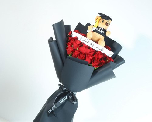 Graduation Bouquet Red Roses And Teddy Bear 7777 - Red
roses 25 with ribbon and teddy bear
