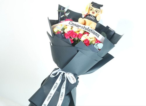 Graduation Bouquet 33344 - Mix colors baby roses 20 stems with ribbon and teddy bear