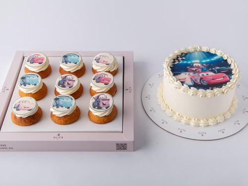 Kids Cake With Cupcakes 4 - 6-inch cake serves 8-10 people in vanilla and chocolate flavors, 9 vanilla cupcakes