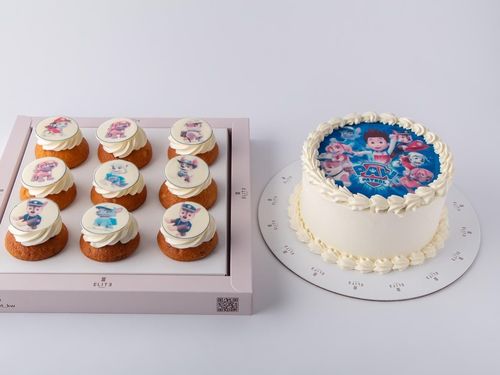 Kids Cake With Cupcakes 6 - 6-inch cake serves 8-10 people in vanilla and chocolate flavors, 9 vanilla cupcakes