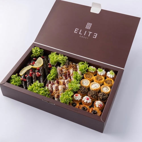 mixed savory - Musakhan (18 pieces), Fatayer (18 pieces), and Lahr Anab (18 pieces).