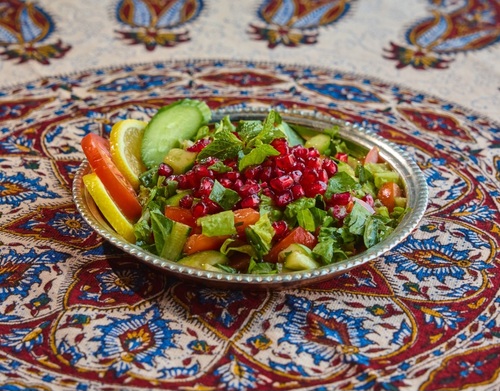 Salad anar Pomegranate - Cucumber, tomato, lettuce, olive oil, lemon and vinegar.