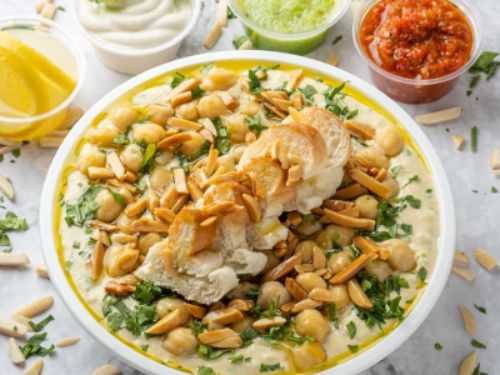 Mesh Bas Falafel - Jordanian Fatteh- Large Size - Toasted Sammon Bread - Hummus -Tahina- shreded almonds