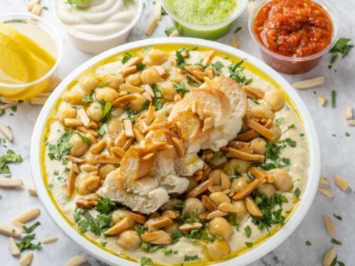 Jordanian Fatteh- Small Size - Toasted Sammon Bread - Hummus -Tahina- shreded almonds