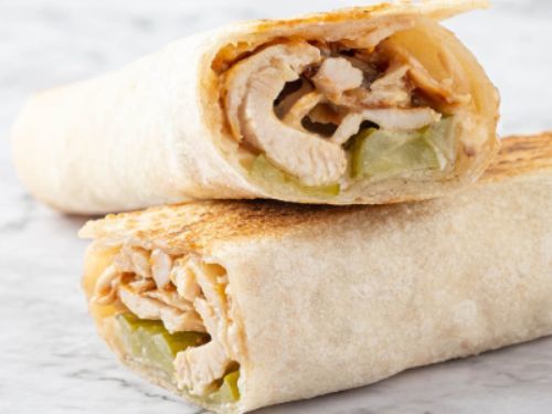 Chicken Shawarma Saj Sandwich - Chicken shawarma, pickles and garlic sauce