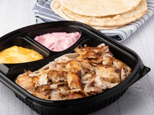 Chicken Shawarma Plate - 250 gm of chicken shawarma served with garlic sauce and pickles.