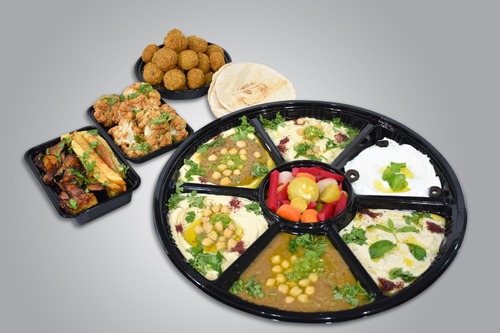 Mesh Bas Falafel - Family Meal Large Size (5-6 persons) - Contains hummus, foul, qudsiyeh, musabbaha, mutabbal, labneh with 2 dozens of falafel, potatoes, eggplant mix, a platter of cauliflower and bread