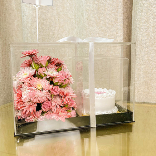 MINI CAKE WITH FLOWERS IN ACRYLIC BOX