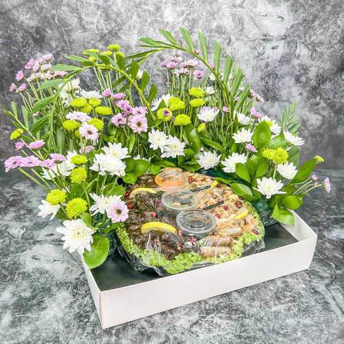 FLOWER BOX WITH VINE LEAVES & MUSAKKHAN ROLLS