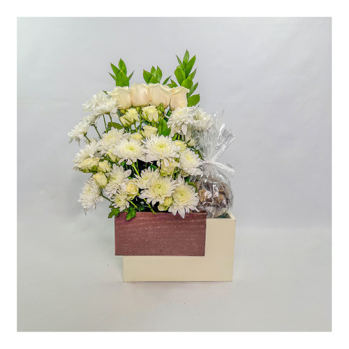 DESIGNER WOODEN BOX OF FLOWERS WITH CHOCOLATES