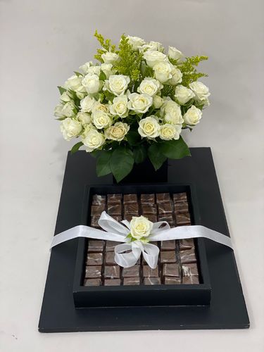 MIXED ROSES DESIGNER WOODEN STAND WITH CHOCOLATES