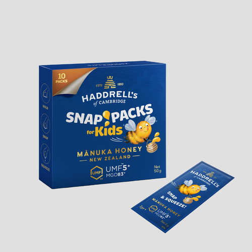 Wadees - Snap Pack Kids Manuka Honey +5 UMF - Small packs of Manuka honey 5+, considered one of the best types of honey rich in antibiotics. Ingredients: 100% Pure Manuka Honey Benefits: Helps treat immune deficiency and colds Resolves gastrointestinal and respiratory problems  Fights stomach bacteria Beneficial for inflammation, stomach ulcers, and colitis  

How to Use:Squeeze the sides of the pack to release honey from the center.