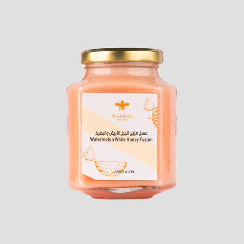 Watermelon white honey fusion - A blend of watermelon and white mountain honey extracted from the nectar of lavender and
chamomile flowers from our apiaries in Kyrgyzstan. It is considered a healthy and delicious
alternative to ice cream when chilled. Ingredients: White mountain honey Watermelon.Benefits: Antibacterial and antifungal. Soothes the throat. Source of energy. Soothes the skin. Rich in antioxidants.
Symptoms: Not recommended for those allergic to honey. How to Use: The honey can be added to various recipes to enhance flavor and add sweetness.