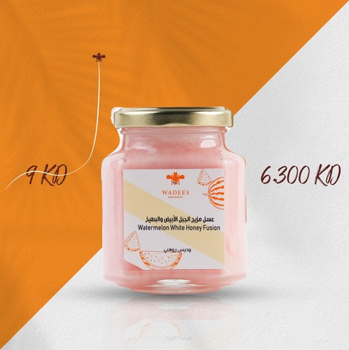 Watermelon White Honey Fusion - A blend of watermelon and white mountain honey extracted from the nectar of lavender and 
chamomile flowers from our apiaries in Kyrgyzstan. It is considered a healthy and delicious 
alternative to ice cream when chilled.  Ingredients: White mountain honey Watermelon.Benefits: Antibacterial and antifungal. Soothes the throat. Source of energy. Soothes the skin. Rich in antioxidants. How to Use: The honey can be added to various recipes to enhance flavor and add sweetness.