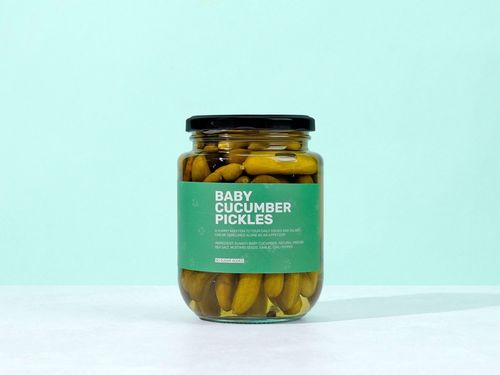 Baby Cucumber Pickles - kuwaiti - A yummy addition to your daily dishes and salads can be consumed alone as an appetizer.
Ingredients: Kuwaiti baby cucumber, natural vinegar, sea salt, mustard seeds, garlic, chili pepper. No Added Sugar Net weight: 750 g