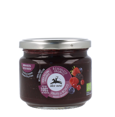 Alce Nero Organic Mixed Berries Jam Spread - Characterized by a flavor which varies from sweet to acidulous, with a soft consistency. It is made without any added pectin and is perfect for spreading and for preparing or filling desserts and puddings.Size:270 g