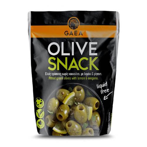 GAEA Pitted Green Olives with Lemon and Oregano Snack - GAEA Green Halkidiki Olives are pitted and marinated for several days with extra virgin olive oil, chilli peppers & black pepper to offer delicious olives for snacking and entertaining. Liquid-free, preservative-free, and with reduced salt. In a recyclable pouch that keeps the olives fresh and full of authentic Greek flavors. 
Size:65 g