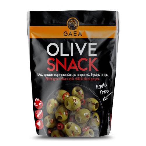 GAEA Pitted Green Olives with Chili and Black Pepper Snack - GAEA Green Chalkidiki Greek Olives are pitted and marinated for several days with extra virgin olive oil, oregano, garlic, coriander, and lemon peel to offer delicious olives for snacking and entertaining. Liquid-free, preservative-free, and with reduced salt. In a recyclable pouch that keeps the olives fresh and full of authentic Greek flavors. 
Size:65 g