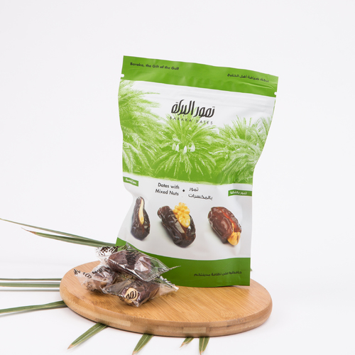 Pouches - Khudri Mix Nuts 125gm - The Khudri date is distinguished by its high quality, exceptional nutritional value, and moderately sweet taste. It surpasses others in its ability to maintain quality for a long period and its resistance to heat. Additionally, it is suitable for diabetic patients and is one of the most commonly used dates for stuffing. 
 Packed in a re-sealable pouch.