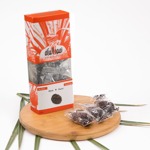 WindowBox - Ajwa 150g - Ajwa dates are a specific variety of dates that originate from the city of Al-Madinah Al-Munawwarah. They are highly regarded for their rich taste, soft texture, and numerous health benefits. Ajwa dates are dark brown in color, with a slightly wrinkled appearance, and they have a moderate sweet flavor. Single wrapped Packed in a box.