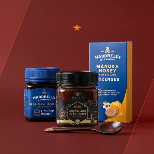 4 in price of one - 1 blackbutt raw honey TA55+ 1 Pieces manuka honey 10+ 1 Pieces Manuka honey lozenges 16+ wooden spoon