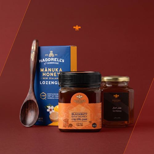 4 in price of one - 1 blackbutt raw honey TA35+ 1 AlSal honey 275 gm 1 Pieces Manuka honey lozenges 16+ wooden spoon