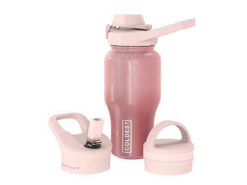 Coldest 770 ml Universal Bottle | Bellatrix Pink Glitter - Fully insulated. It comes with 3 kind of lids (Sport lid, Loop lid, and Chug lid) 36+ Hours Cold, 12+ Hours Hot. Fits big ice cubes. Lightweight. Very strong and solid build. Floats in oceans and pools. Doesn't leak, doesn’t rust.