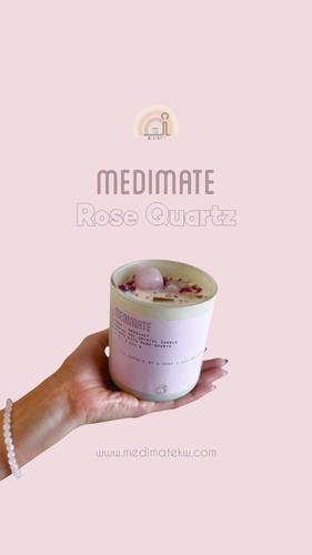 Medimate-rose quartz - Crystal soy wax candle blended with captivating Amber and Bergamot flowers + infused with Rose Quartz. Jar color: Light Grey. Affirmation: I’m capable of a deep & abiding love. 100% natural soy wax, free from phthalates & paraffin. Cozy, crackling 100% wood wick that burns longer (60+ hours). Hand made with love in Kuwait (including all candle ingredients). Volume: 12 oz. | 340g Note: !!!( Crystal shapes may vary upon availability).