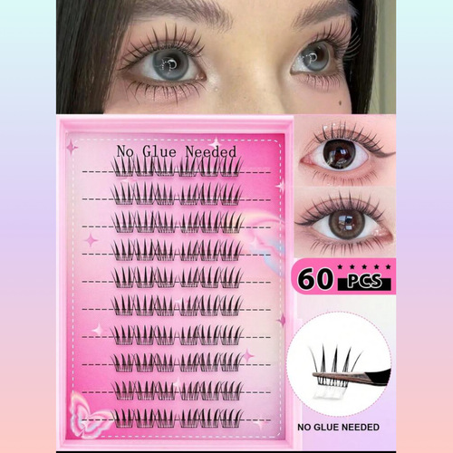 60pcs C-Curl Self-Adhesive Eyelash Clusters -press on - 60pcs C-Curl Self-Adhesive Eyelash Clusters, Natural Korean Girl Group ACE Style Cartoon Lashes Without Glue, Painless Tape - Long-Lasting Lashes With No Residue ^ No-1