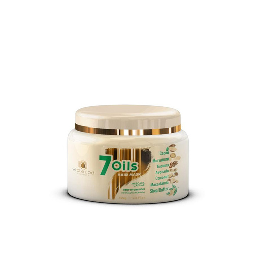 vittagold 7 oil mask 500 g - Experience the transformative power of the 7 Oils™ Hair Nourishing Mask.&nbsp;Enriched with the luxurious Brazilian Botanic Blend, this mask delivers intense nourishment and repair for your hair. Indulge in a deeply replenishing treatment that restores moisture, strengthens strands, and enhances overall hair health. Formulated with the finest ingredients sourced from the Brazilian flora, this mask combines the benefits of Cocoa, Murumuru, Tucumã, Avocado, Coconut, Macadamia, and Shea Butter&nbsp;to provide your hair with the ultimate care it deserves. Cocoa nourishes and adds shine, while Murumuru restores moisture balance. Tucumã provides antioxidant protection, and Avocado delivers essential nutrients for optimal hair health. Coconut enhances strength, Macadamia combats frizz, and Shea Butter deeply moisturizes. The 7 Oils™ Hair Nourishing Mask is a luxurious treatment&nbsp;that targets dry, damaged hair, revitalizing it from within. It penetrates deeply to repair and strengthen each strand, leaving your hair soft, smooth, and incredibly manageable. Restore your hair's natural beauty and radiance with the 7 Oils™ Hair Nourishing Mask. Treat yourself to the ultimate nourishing experience and unlock the secret to healthy, lustrous locks. Elevate your hair care routine with this exceptional mask and embrace the beauty of intensely nourished, repaired hair.