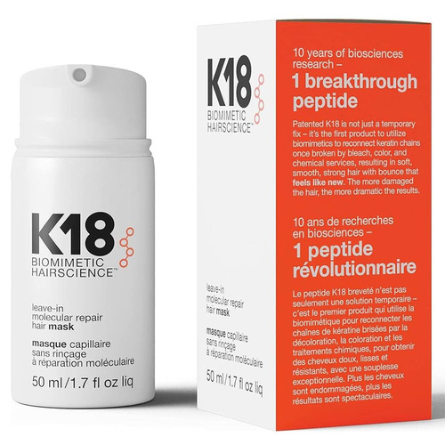 K18 Leave-Hair Mask 50 ml - K18 Leave-In Molecular Repair Hair Mask 50ml is a scientifically formulated treatment designed to repair damaged hair at the molecular level. This lightweight mask penetrates deeply to restore strength, elasticity, and softness without weighing hair down. Ideal for all hair types, it helps reverse damage caused by chemical treatments, heat styling, and environmental stressors, leaving hair visibly healthier and more resilient after just one use. Perfect for professional and at-home care, it supports long-term hair health with consistent application. Transform your hair with our revolutionary leave-in treatment mask, suitable for all hair types. Formulated with the groundbreaking&nbsp;K18PEPTIDE™, this powerful mask clinically reverses damage caused by bleach, color treatments, chemical services, and heat, restoring your hair’s strength, softness, smoothness, and vibrant bounce. The&nbsp;K18PEPTIDE™&nbsp;is expertly designed to penetrate the innermost layers of your hair, expertly reconnecting broken keratin chains that are essential for maintaining strength and elasticity. Experience the ultimate repair and rejuvenation your hair craves!Key Benefits:&nbsp;&nbsp;Repairs Damage:&nbsp;Effectively reverses the effects of bleach, heat, and chemical treatments. &nbsp;&nbsp;Enhances Texture:&nbsp;Restores softness and smoothness for a silky feel. &nbsp;&nbsp;Boosts Volume:&nbsp;Revitalizes your hair’s natural bounce and body.How to Use:In the Shower:&nbsp;&nbsp;Shampoo your hair and skip the conditioner. Post-Shower:&nbsp;&nbsp;Gently towel-dry your hair until it’s damp. Start with&nbsp;1 mL&nbsp;(about a dime-sized amount) of the K18 Mask; only add more if needed. Most users find&nbsp;2 mL&nbsp;is sufficient due to the formula's high concentration. Distribute the mask evenly from ends to roots. Let it activate for&nbsp;four minutes—do not rinse. Style as usual afterward; it’s fine to apply heat protectant or styling products during this time. For best results, use for the first&nbsp;four to six washes, then switch to maintenance mode as needed.