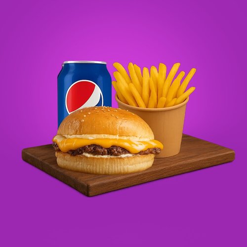 Cheez it Burger - Beef Burger With Mayo & cheese sauce&nbsp;
with fries and drink