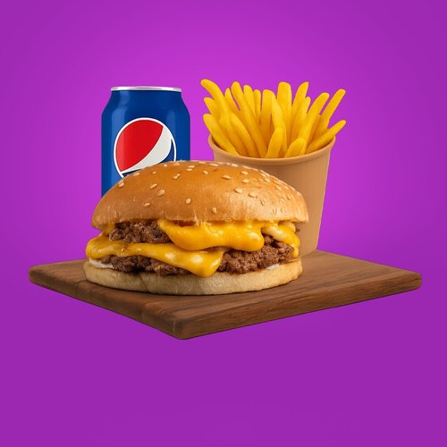 The Elephant Beef Burger - Beef Burger, Beef Steak , Mayo, Ketchup , Mustard , Grilled Onion , Yellow Cheese, Cheese Sauce
with Fries and Drink