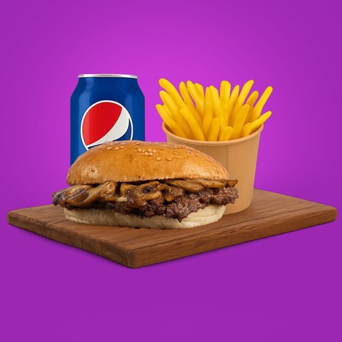 Mushroom Burger - Beef burger, mushroom, mushroom sauce, white cheese
with fries and drink