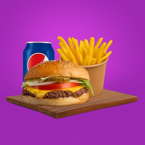 Single Original Beef Burger - Beef burger, mayo, kitchup, mustard, onion, yellow cheese, tomato, lettuce, pickles